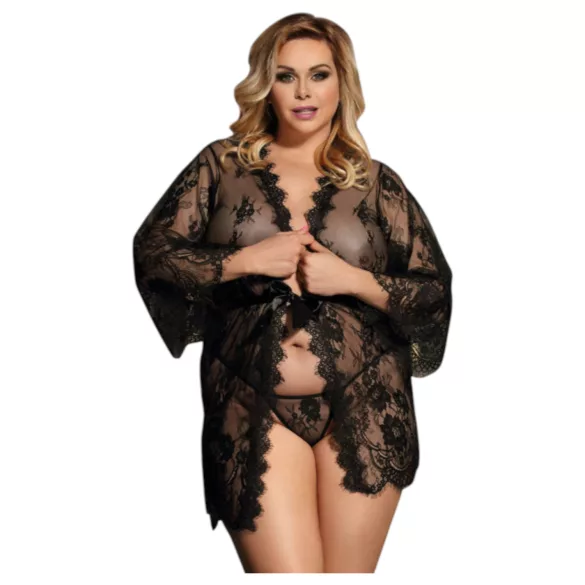 Subblime Queen Plus - szlafrok koronkowy z kompletem - czarny XL-2XL