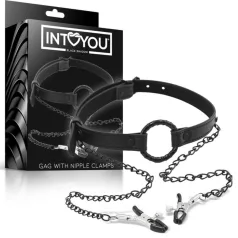 INTOYOU - knebel z klamrami na sutki - czarny