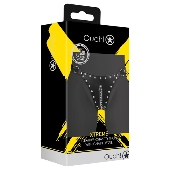 Ouch! - stringi z pasem cnoty z ćwiekami i łańcuszkiem (czarne)
