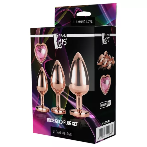 Gleaming Love - zestaw korków analnych w kształcie serca - rosegold - 3 sztuki