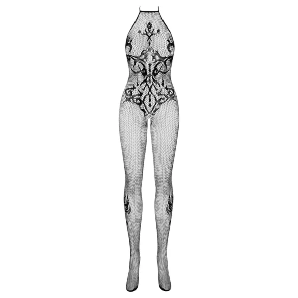Obsessive - bodystocking siateczkowy z wzorem i kołnierzem - czarny S-L