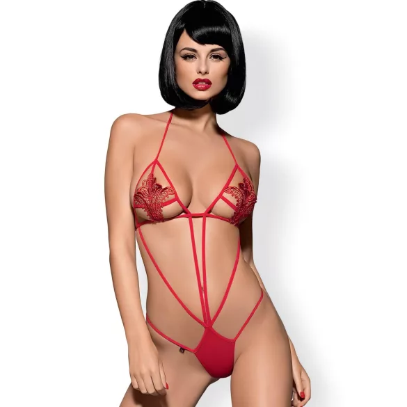 Obsessive - body z paskami i motywem tulipana - czerwone S/M