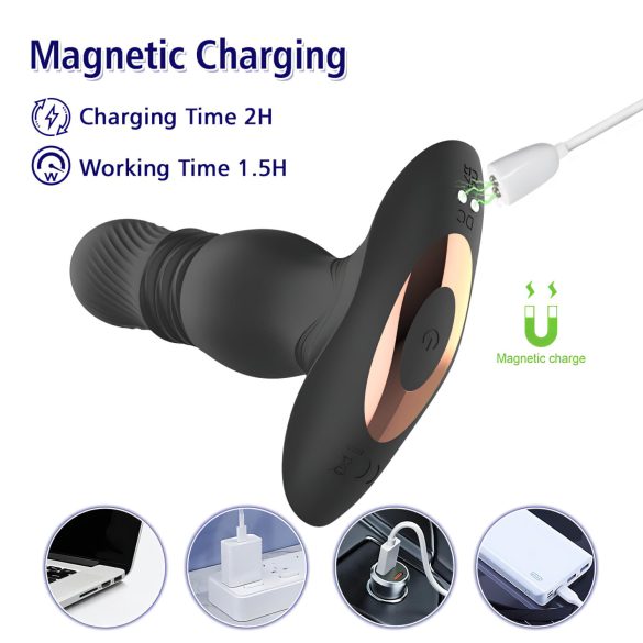 Aixiasia Roy - wibrator analny z funkcją pchającą - akumulator, pilot - czarny