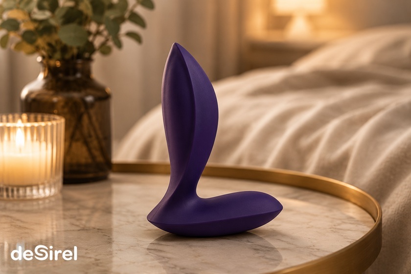 Fioletowa zabawka analna dla początkujących na tle ciepłej, dyskretnej sypialni | Sex Shop Polska Desirel.pl