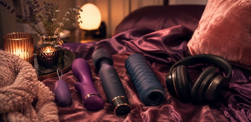 Ciche gadżety i słuchawki na fioletowym satynie tworzą intymny klimat ASMR seksu | Sex Shop Polska Desirel.pl